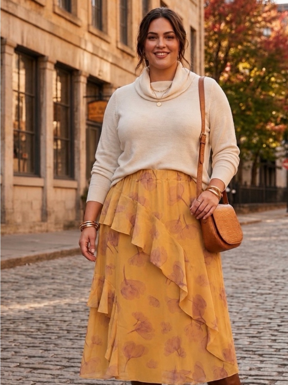 Nicole Miller Mustard Floral Tiered Midi Skirt Large NWT